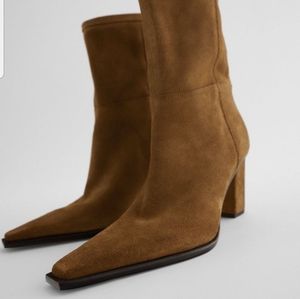 Split Leather Heeled Ankle Square Toe Boot